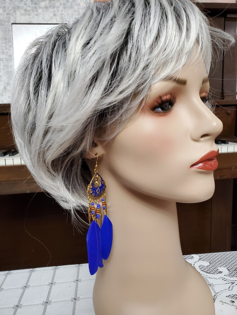 NEW Boho Blue Feather Drop Earrings - Gold Accent